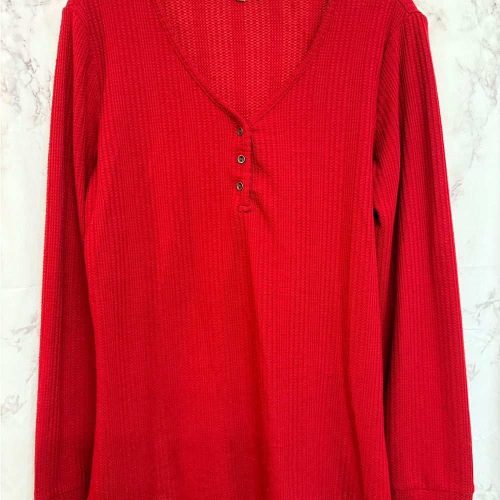 Maurices Red Ribbed Long-Sleeve Henley Top